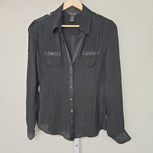 White House Black Market Silk Pleated Button Up Shirt Black Size 0
